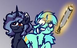 Size: 4000x2500 | Tagged: safe, artist:witchtaunter, lyra heartstrings, oc, oc:witching hour, pony, unicorn, g4, angry, baseball bat, chest fluff, duo, ear fluff, eye clipping through hair, faic, female, glowing, glowing horn, gradient background, high res, horn, imminent violence, l.u.l.s., magic, magic aura, mare, smiling, telekinesis, this will end in death, this will end in pain, unaware, unicorn oc