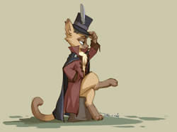 Size: 2732x2048 | Tagged: safe, artist:blue ink, capper dapperpaws, abyssinian, cat, anthro, digitigrade anthro, g4, chest fluff, clothes, crossed legs, feather, hat, high res, looking to the right, male, simple background, sitting, smiling, solo, tan background, top hat