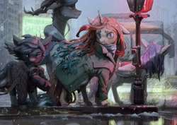 Size: 4096x2896 | Tagged: safe, artist:quiet-victories, oc, oc:sheron, earth pony, pegasus, pony, unicorn, braid, building, bus, car, cellphone, city, clothes, coat, earbuds, high res, horn, horns, jacket, lamppost, neon, neon sign, phone, rain, sign, smartphone, street, traffic light, wind, wings