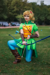 Size: 803x1200 | Tagged: safe, artist:bizarre-deer, applejack, human, equestria girls, g4, my little pony equestria girls: friendship games, arrow, bow (weapon), bow and arrow, clothes, cosplay, costume, irl, irl human, photo, weapon