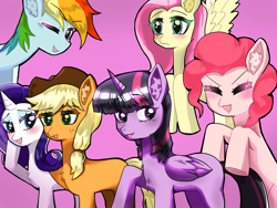 Size: 1600x1200 | Tagged: source needed, safe, artist:zeng_shuai_qi, applejack, fluttershy, pinkie pie, rainbow dash, rarity, twilight sparkle, alicorn, earth pony, pegasus, pony, unicorn, g4, blushing, chest fluff, ear fluff, eye clipping through hair, eyebrows, eyebrows visible through hair, eyes closed, female, flying, looking at you, mane six, mare, one eye closed, open mouth, open smile, photo, pink background, simple background, smiling, smiling at you, spread wings, twilight sparkle (alicorn), wings, wink, winking at you