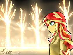 Size: 1600x1200 | Tagged: source needed, safe, artist:zeng_shuai_qi, sunset shimmer, equestria girls, g4, eye clipping through hair, eyebrows, eyebrows visible through hair, female, open mouth, open smile, smiling, solo