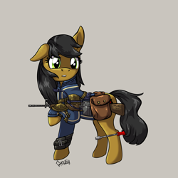 Size: 3500x3500 | Tagged: safe, artist:ghouleh, oc, oc only, earth pony, pony, fallout equestria, armor, bag, battle saddle, clothes, female, gun, high res, jumpsuit, mare, prehensile tail, rifle, saddle bag, screwdriver, tail, tail hold, vault suit, weapon