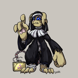 Size: 3500x3500 | Tagged: safe, artist:ghouleh, oc, oc only, cyborg, diamond dog, fallout equestria, armor, bandage, collar, eyepatch, female, high res, nun, smiling