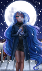 Size: 1118x1900 | Tagged: safe, artist:racoonsan, princess luna, human, blushing, clothes, full moon, happy new year, happy new year 2022, holiday, humanized, jacket, long hair, looking at you, mittens, moon, skirt, snow, snowfall, solo