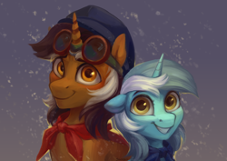 Size: 3508x2480 | Tagged: safe, artist:jewellier, lyra heartstrings, oc, oc:wrench ironbolt, pony, unicorn, g4, bowtie, commission, goggles, grin, hat, high res, looking at you, smiling, snow, snowfall