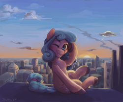 Size: 3600x3000 | Tagged: safe, alternate version, artist:jewellier, princess flurry heart, oc, oc only, oc:pink straight, earth pony, pony, adult flurry heart, city, cityscape, cloud, disguise, female, g5 oc, high res, looking at you, mare, oda 1997, oda 997, one eye closed, sky, smiling, smiling at you, solo, sun, sunrise, wink, winking at you