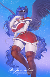 Size: 3084x4726 | Tagged: safe, artist:rajas_ledies, princess luna, alicorn, anthro, g4, amulet, beautiful, beautisexy, big breasts, boots, breasts, busty princess luna, chains, christmas, cleavage, clothes, costume, curvy, evening gloves, eyebrows, eyelashes, female, gloves, heart eyes, holiday, horn, hourglass figure, jewelry, knee-high boots, long gloves, looking at you, one eye closed, santa costume, sexy, sexy santa costume, shoes, socks, solo, spread wings, thigh boots, thigh highs, wasp waist, wide hips, wingding eyes, wings, wink
