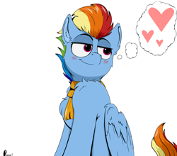 Size: 1100x968 | Tagged: safe, artist:rapid9, rainbow dash, pegasus, pony, g4, season 9, chest fluff, clothes, ear fluff, heart, love, older, older rainbow dash, scarf, simple background, solo, white background
