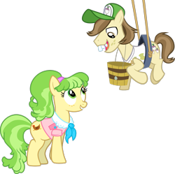 Size: 1359x1353 | Tagged: safe, artist:jeatz-axl, edit, chickadee, hayseed turnip truck, ms. peachbottom, earth pony, pony, g4, bucket, female, male, mare, rope, ship:peachtruck, shipping, simple background, stallion, straight, transparent background, vector