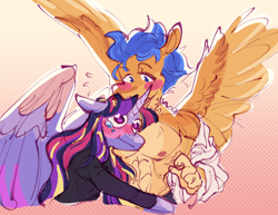 Size: 1500x1159 | Tagged: safe, artist:yuyusunshine, flash sentry, twilight sparkle, alicorn, pegasus, anthro, g4, abstract background, blushing, female, heart eyes, hug, male, male nipples, muscles, muscular male, nipples, pecs, ship:flashlight, shipping, straight, teary eyes, twilight sparkle (alicorn), wavy mouth, wingding eyes