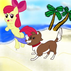 Size: 2318x2314 | Tagged: safe, artist:kinkycelestia, apple bloom, winona, dog, earth pony, pony, g4, beach, bipedal, bloom butt, butt, clothes, coppertone parody, female, filly, foal, high res, palm tree, pants, pants down, plot, tree