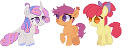 Size: 830x322 | Tagged: safe, artist:leka97, artist:selenaede, apple bloom, scootaloo, sweetie belle, earth pony, pegasus, pony, unicorn, g4, alternate design, base used, commission, cutie mark crusaders, female, filly, foal, redesign, simple background, trio, white background