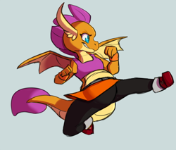 Size: 1200x1020 | Tagged: safe, artist:southdown, smolder, dragon, g4, boots, clothes, commission, dragoness, female, jump kick, kicking, leggings, martial arts, shoes, simple background, skirt, smiling, smirk, solo, sports bra, spread wings, wings