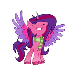 Size: 2488x2420 | Tagged: safe, artist:darbypop1, oc, oc only, oc:alyssa rice, alicorn, pony, g5, my little pony: a new generation, alicorn oc, base used, clothes, colored wings, eyes closed, female, grin, high res, horn, mare, scarf, simple background, smiling, solo, spread wings, striped scarf, transparent background, two toned wings, wings