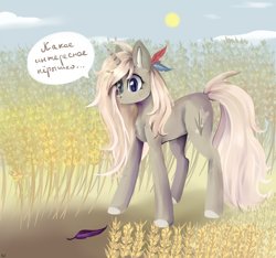 Size: 3200x3000 | Tagged: safe, artist:ske, oc, oc only, pony, unicorn, cyrillic, feather, food, high res, russian, solo, trade, wheat, wheat field