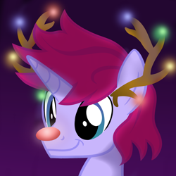 Size: 2000x2000 | Tagged: safe, artist:candy meow, oc, oc:prologue, pony, unicorn, legends of equestria, animal costume, antlers, bust, costume, happy, high res, horn, male, mascot, pony oc, reindeer antlers, reindeer costume, rudolph nose, simple background, smiling, solo, unicorn oc