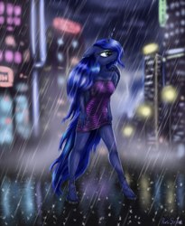 Size: 4013x4903 | Tagged: safe, artist:pony-stark, princess luna, alicorn, anthro, unguligrade anthro, g4, breasts, clothes, dress, female, mare, night, rain, solo