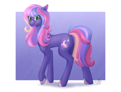 Size: 4670x3555 | Tagged: oc name needed, safe, artist:starshade, oc, oc only, earth pony, pony, 2021, commission, cute, earth pony oc, female, gradient background, green eyes, heart, heart eyes, lightly watermarked, mare, purple background, purple body, simple background, smiling, watermark, white background, wingding eyes
