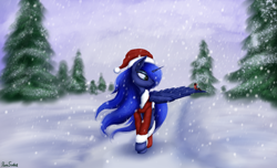 Size: 6802x4149 | Tagged: safe, artist:pony-stark, princess luna, alicorn, bird, pony, g4, christmas, clothes, costume, cute, female, hat, holiday, lunabetes, mare, santa costume, santa hat, snow, snowfall, solo, spread wings, tree, wings, winter