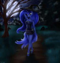 Size: 1024x1077 | Tagged: safe, artist:pony-stark, princess luna, alicorn, anthro, g4, armpits, clothes, cloud, dress, female, full moon, gravestone, hat, looking at you, moon, night, nightmare night, solo, tree, witch hat