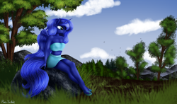 Size: 6780x4000 | Tagged: safe, artist:pony-stark, princess luna, alicorn, anthro, unguligrade anthro, g4, belly button, clothes, female, midriff, mounting, rock, scenery, sitting, skirt, solo, tree