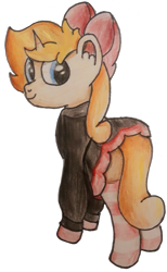 Size: 1990x3221 | Tagged: safe, artist:pastelsplash, oc, oc only, oc:finnian s., pony, unicorn, 2022 community collab, derpibooru community collaboration, bow, clothes, femboy, hair bow, hoodie, looking at you, looking back, looking back at you, male, simple background, skirt, socks, solo, traditional art, transparent background