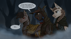 Size: 3438x1929 | Tagged: safe, artist:dorkmark, oc, oc:dima, oc:shadowguy, bat pony, pegasus, pony, the witcher, thronebreaker