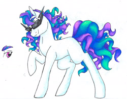 Size: 1906x1484 | Tagged: safe, artist:ask-y, oc, oc only, earth pony, pony, earth pony oc, magical lesbian spawn, male, offspring, parent:coloratura, parent:vinyl scratch, raised hoof, solo, stallion, sunglasses, traditional art