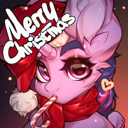 Size: 1280x1280 | Tagged: safe, artist:minekoo2, twilight sparkle, alicorn, pony, g4, candy, candy cane, christmas, digital art, female, food, hat, holiday, horn, looking at you, mare, santa hat, solo, twilight sparkle (alicorn), wings