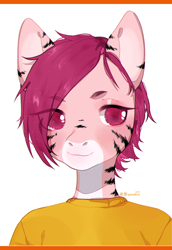 Size: 1000x1450 | Tagged: safe, artist:qawakie, oc, oc only, earth pony, anthro, bust, clothes, ear piercing, earring, eye clipping through hair, jewelry, piercing, smiling, solo