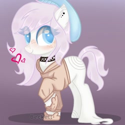 Size: 768x768 | Tagged: safe, artist:plinckyctt, oc, oc only, earth pony, pony, clothes, ear piercing, earring, earth pony oc, eyelashes, female, freckles, gradient background, hat, heart, jewelry, mare, piercing, raised hoof, smiling, solo