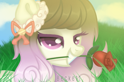 Size: 866x576 | Tagged: safe, artist:plinckyctt, oc, oc only, earth pony, pony, bedroom eyes, bust, earth pony oc, eyelashes, female, flower, flower in mouth, grass, mare, mouth hold, outdoors, rose, solo