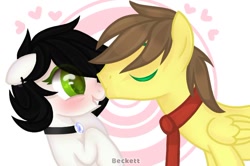 Size: 768x509 | Tagged: safe, artist:plinckyctt, oc, oc only, earth pony, pegasus, pony, abstract background, blushing, bust, choker, duo, earth pony oc, female, kissing, male, mare, necktie, oc x oc, pegasus oc, shipping, stallion