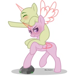 Size: 768x768 | Tagged: safe, artist:plinckyctt, oc, oc only, alicorn, pony, alicorn oc, base, blushing, duo, eyes closed, horn, piggyback ride, raised hoof, simple background, smiling, unamused, white background, wings