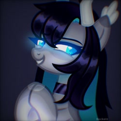 Size: 768x764 | Tagged: safe, artist:plinckyctt, oc, oc only, pony, bust, choker, dark background, female, grin, hooves together, mare, smiling, solo