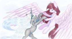 Size: 1280x701 | Tagged: safe, artist:plinckyctt, oc, oc only, pegasus, pony, unicorn, duo, female, holding a pony, horn, mare, pegasus oc, scared, unicorn oc, wings