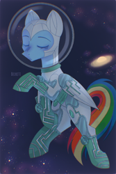 Size: 1000x1500 | Tagged: safe, artist:plinckyctt, rainbow dash, pegasus, pony, g4, scare master, astronaut, eyes closed, female, jupiter, mare, outdoors, solo, space, space helmet, spacesuit, wings