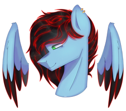 Size: 1996x1754 | Tagged: safe, artist:plinckyctt, oc, oc only, pegasus, pony, bust, colored wings, ear piercing, earring, floating wings, jewelry, pegasus oc, piercing, simple background, smiling, solo, transparent background, two toned wings, wings