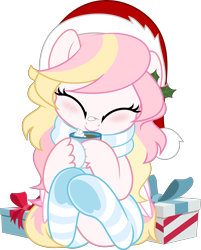 Size: 4021x5000 | Tagged: safe, artist:jhayarr23, oc, oc only, oc:ninny, pegasus, pony, ^^, absurd resolution, blushing, chocolate, christmas, clothes, cute, eyes closed, female, food, front view, hat, holiday, hoof hold, hot chocolate, mare, ocbetes, pegasus oc, present, santa hat, scarf, show accurate, simple background, sitting, socks, solo, stockings, striped socks, thigh highs, transparent background, two toned mane, underhoof, unshorn fetlocks, vector