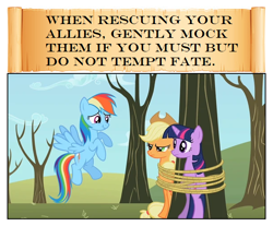 Size: 612x507 | Tagged: safe, artist:winged cat, edit, edited screencap, screencap, applejack, rainbow dash, twilight sparkle, earth pony, pegasus, pony, unicorn, comic:friendship is dragons, g4, secret of my excess, comic, dead tree, female, flying, hat, mare, outdoors, raised hoof, rope, screencap comic, tied up, tree, unamused, unicorn twilight