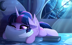 Size: 3999x2491 | Tagged: source needed, safe, artist:magnaluna, twilight sparkle, alicorn, pony, bed, book, crying, female, floppy ears, high res, hug, lonely, lying down, mare, moon, one eye closed, pillow, pillow hug, prone, sad, solo, tree, twilight sparkle (alicorn), window