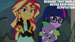 Size: 1280x720 | Tagged: safe, edit, edited screencap, editor:quoterific, screencap, sci-twi, spike, spike the regular dog, sunset shimmer, twilight sparkle, dog, equestria girls, g4, my little pony equestria girls: friendship games, clothes, crossed arms, female, glasses, jacket, male, open mouth, open smile, smiling