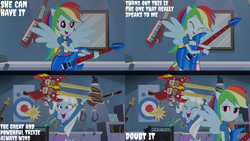 Size: 1280x720 | Tagged: safe, edit, edited screencap, editor:quoterific, screencap, rainbow dash, trixie, equestria girls, g4, guitar centered, my little pony equestria girls: rainbow rocks, clothes, cute, cutie mark on clothes, dreamworks face, duo, duo female, electric guitar, eyes closed, female, grin, guitar, hairpin, jacket, musical instrument, open mouth, open smile, smiling, spread wings, wings