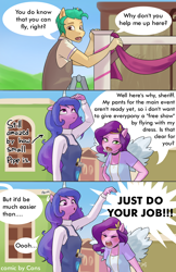 Size: 3208x4960 | Tagged: safe, artist:pwnagespartan, hitch trailblazer, izzy moonbow, pipp petals, pegasus, unicorn, anthro, g5, my little pony: a new generation, adorapipp, angry, blushing, choker, clothes, cloud, comic, cute, dialogue, dress, duo, duo female, eyes closed, female, hammer, height difference, height supremacy, high res, horn, izzy is tol, izzybetes, larger female, madorable, marelet, open mouth, overalls, pipp is short, screwdriver, size difference, skirt, smaller female, smol, spread wings, sweater, thought bubble, tools, turtleneck, wings, word balloon, yelling