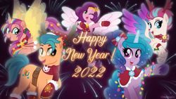 Size: 3840x2160 | Tagged: safe, artist:limedazzle, hitch trailblazer, izzy moonbow, pipp petals, sunny starscout, zipp storm, alicorn, earth pony, pegasus, pony, unicorn, g4, g5, my little pony: a new generation, artificial horn, artificial wings, augmented, female, g5 to g4, generation leap, happy new year 2022, high res, horn, magic, magic horn, magic wings, male, mane five, mane stripe sunny, mare, race swap, stallion, sunnycorn, wings