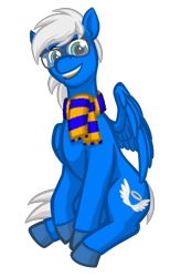Size: 996x1616 | Tagged: safe, artist:texasuberalles, oc, oc only, oc:silver seraph, pegasus, pony, 2022 community collab, derpibooru community collaboration, clothes, colored hooves, glasses, male, one wing out, scarf, simple background, sitting, smiling, solo, stallion, transparent background, wings