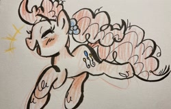 Size: 1280x813 | Tagged: safe, artist:kluzart, pinkie pie, earth pony, pony, g4, blushing, colored pencil drawing, eyes closed, female, ink drawing, mare, smiling, solo, traditional art