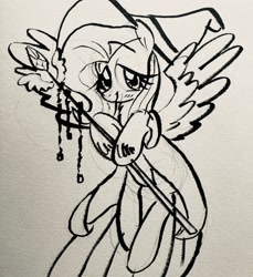 Size: 1758x1920 | Tagged: safe, artist:kluzart, fluttershy, pegasus, pony, g4, cape, clothes, hat, ink drawing, monochrome, solo, staff, traditional art, witch hat