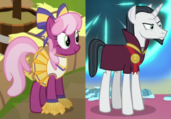 Size: 776x540 | Tagged: safe, edit, screencap, chancellor neighsay, cheerilee, earth pony, pony, unicorn, g4, school daze, the cart before the ponies, cheerileeder, cheerleader, cheerleader outfit, clothes, cropped, female, male, mare, medallion, neighilee, outfit catalog, robe, sash, shipping, shipping domino, stallion, straight